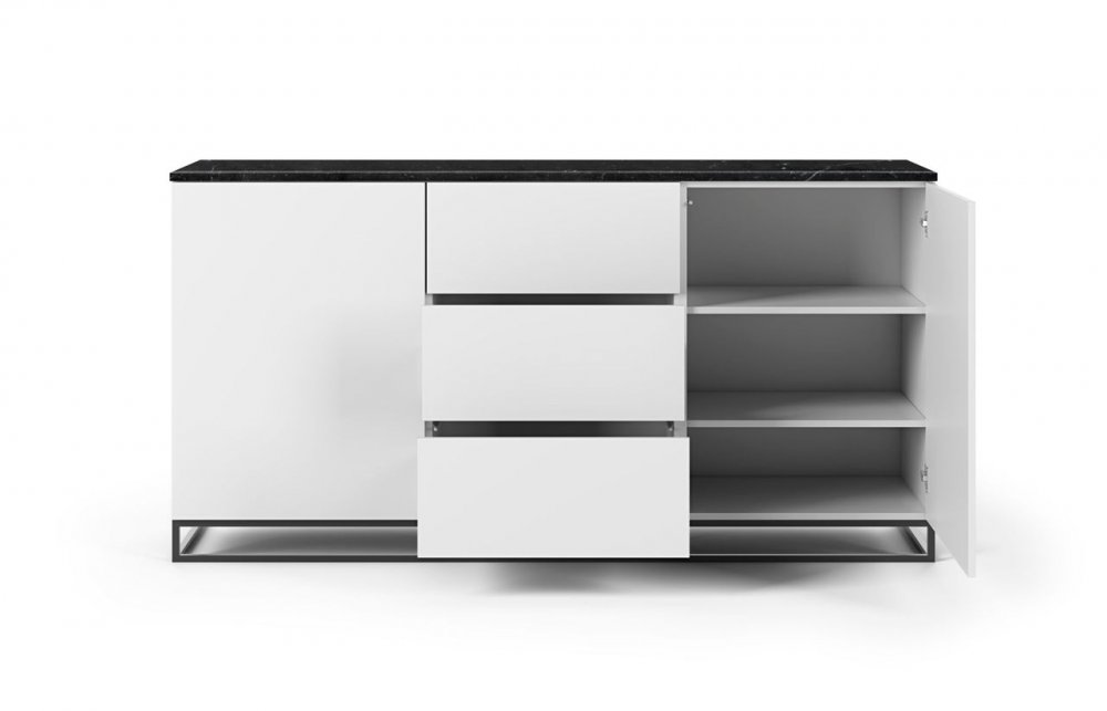 Buffet WHITY 2 blanc mat 180cm 2 portes/3 tiroirs Plateau en Marbre noir avec piètement noir
